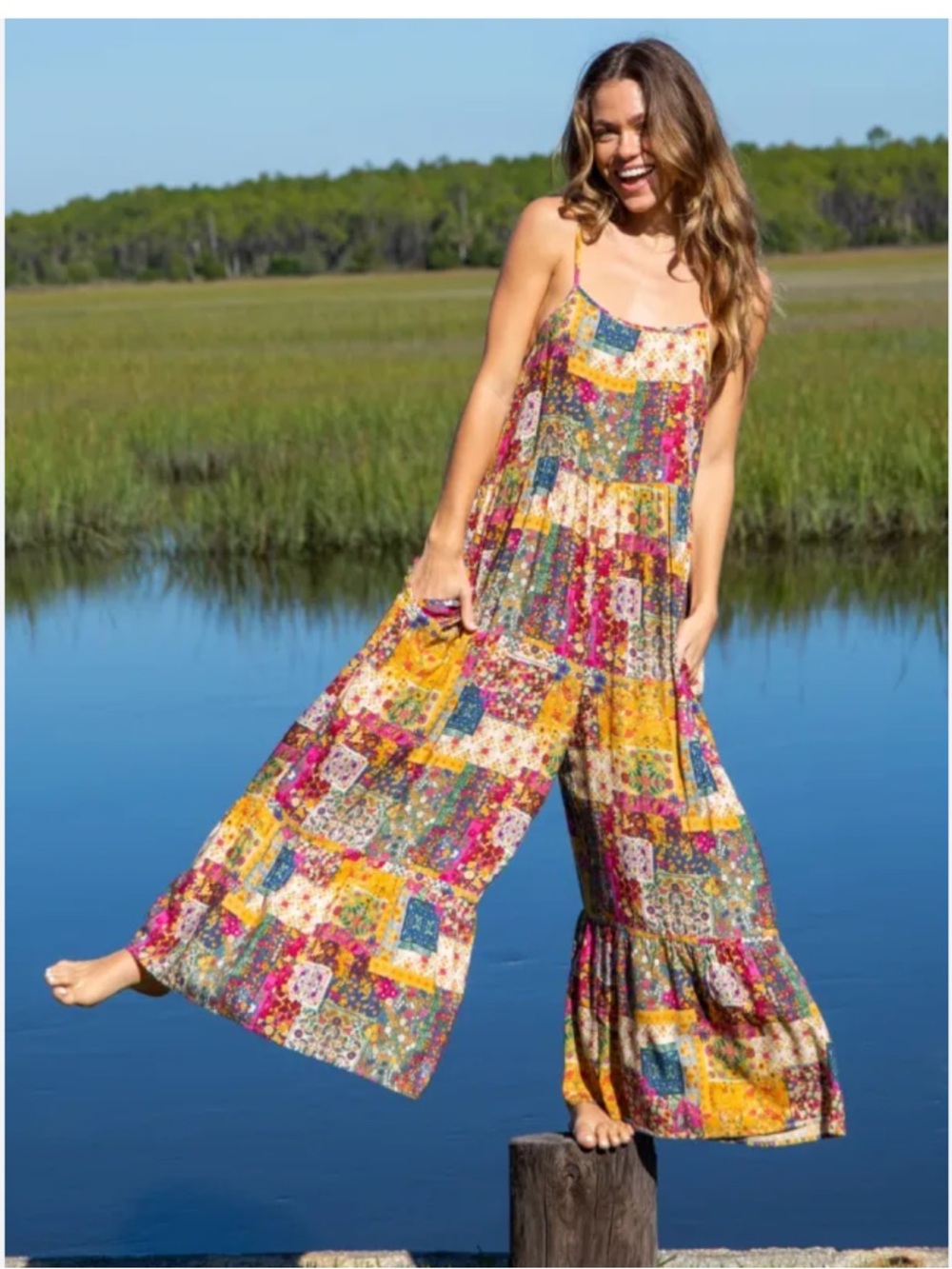 Boho Mixed Patchwork Flowy Ruffle Hem Wide Leg Jumpsuit• L